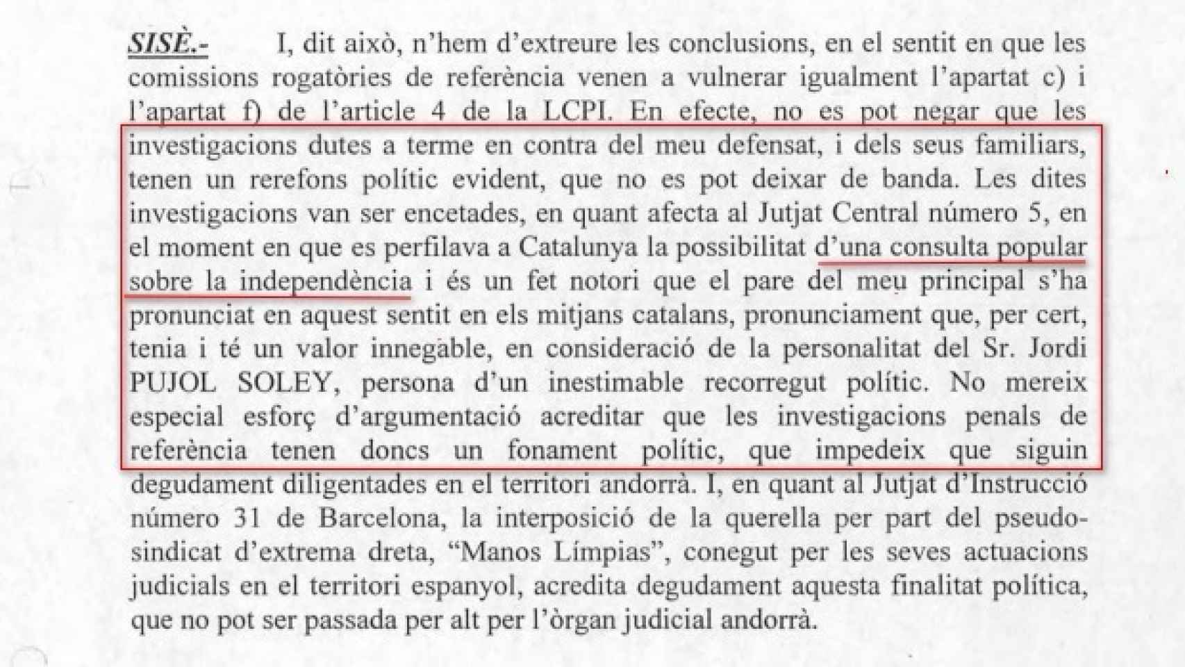 Fragmento del escrito presentado por los Pujol en Andorra.