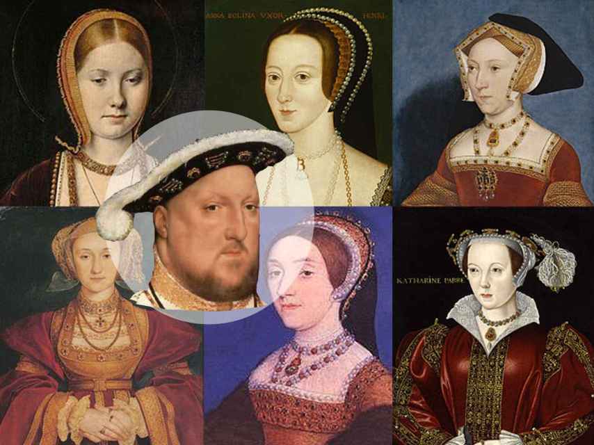 Por orden de aparición, las esposas de Enrique VIII (en el centro): Catalina de Aragón, Ana Bolena, Juana Seymour, Ana de Cléveris, Catalina Howard y Catalina Parr.