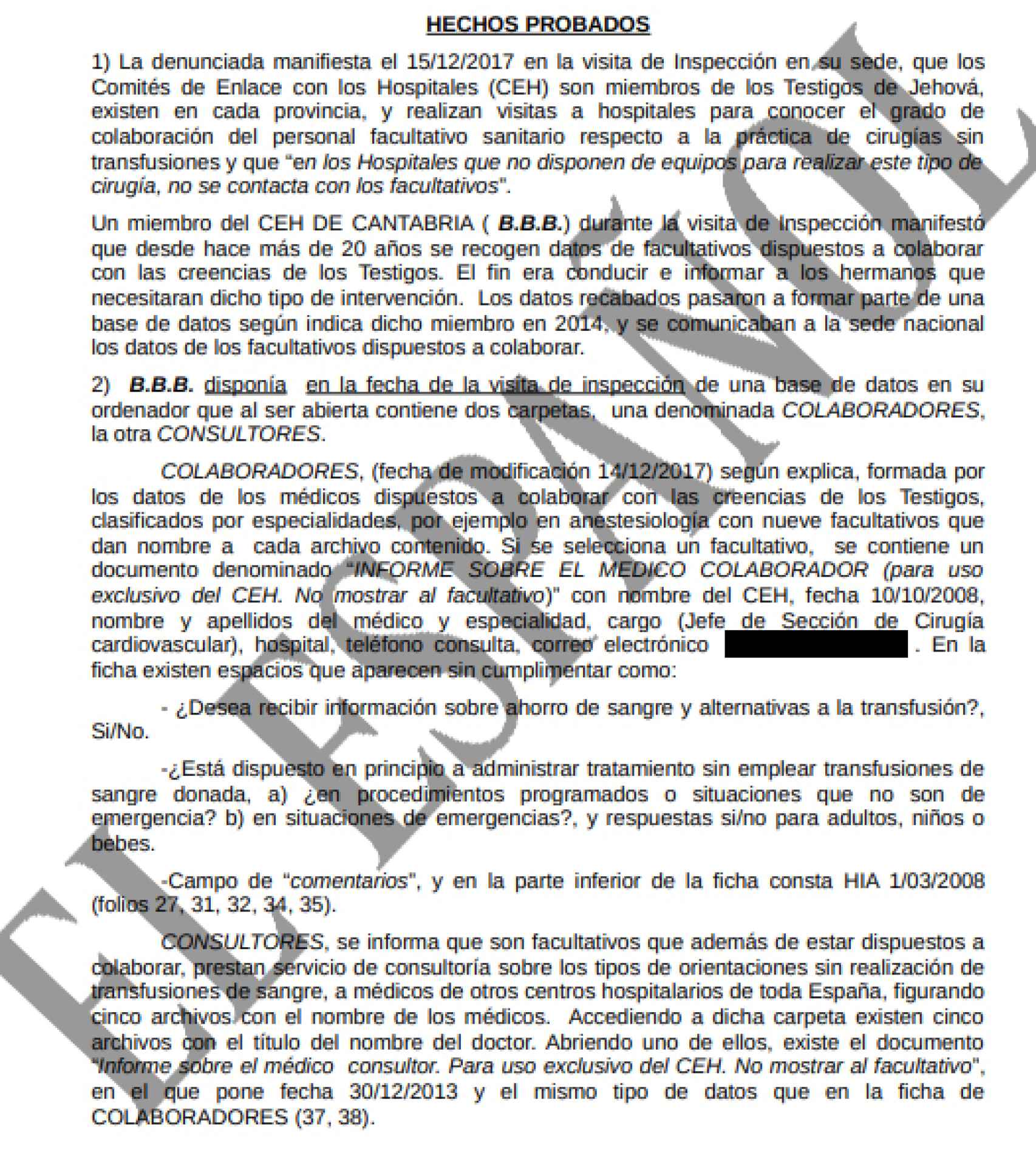 Resolución judicial en la que se detalla cómo los Testigos de Jehová robaron datos personales en un hospital de Cantabria.